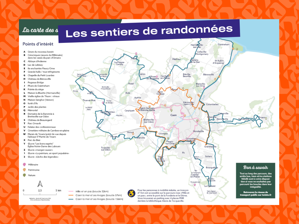 Carte des sentiers de randonnées d'après Caen la mer