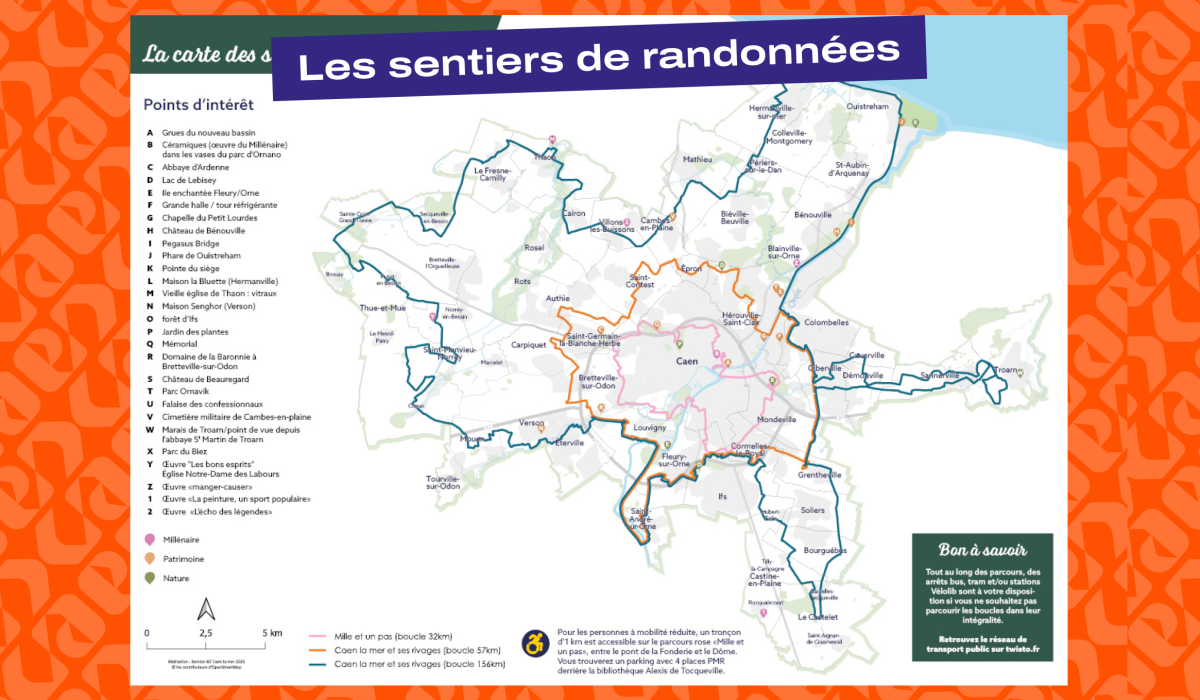 Carte des sentiers de randonnées d'après Caen la mer